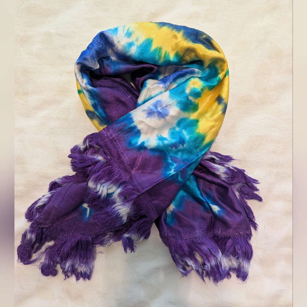 NWOT 100% Silk yellow blue purple tie dye Rectangle Scarf